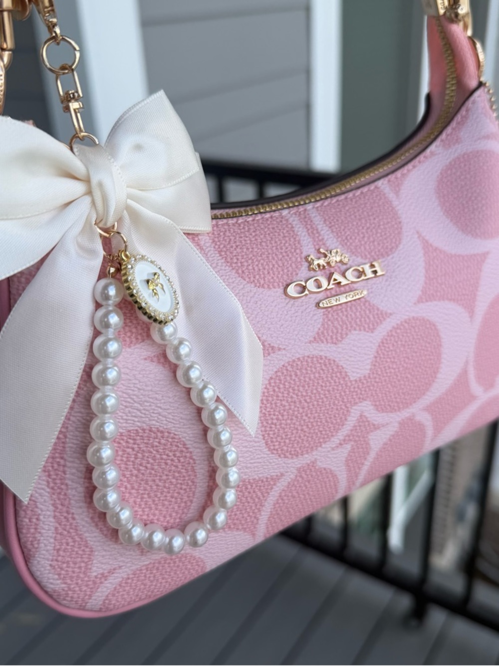 Coach Pink Signature Shoulder Bag with Bow Charm - Picture 4 of 6